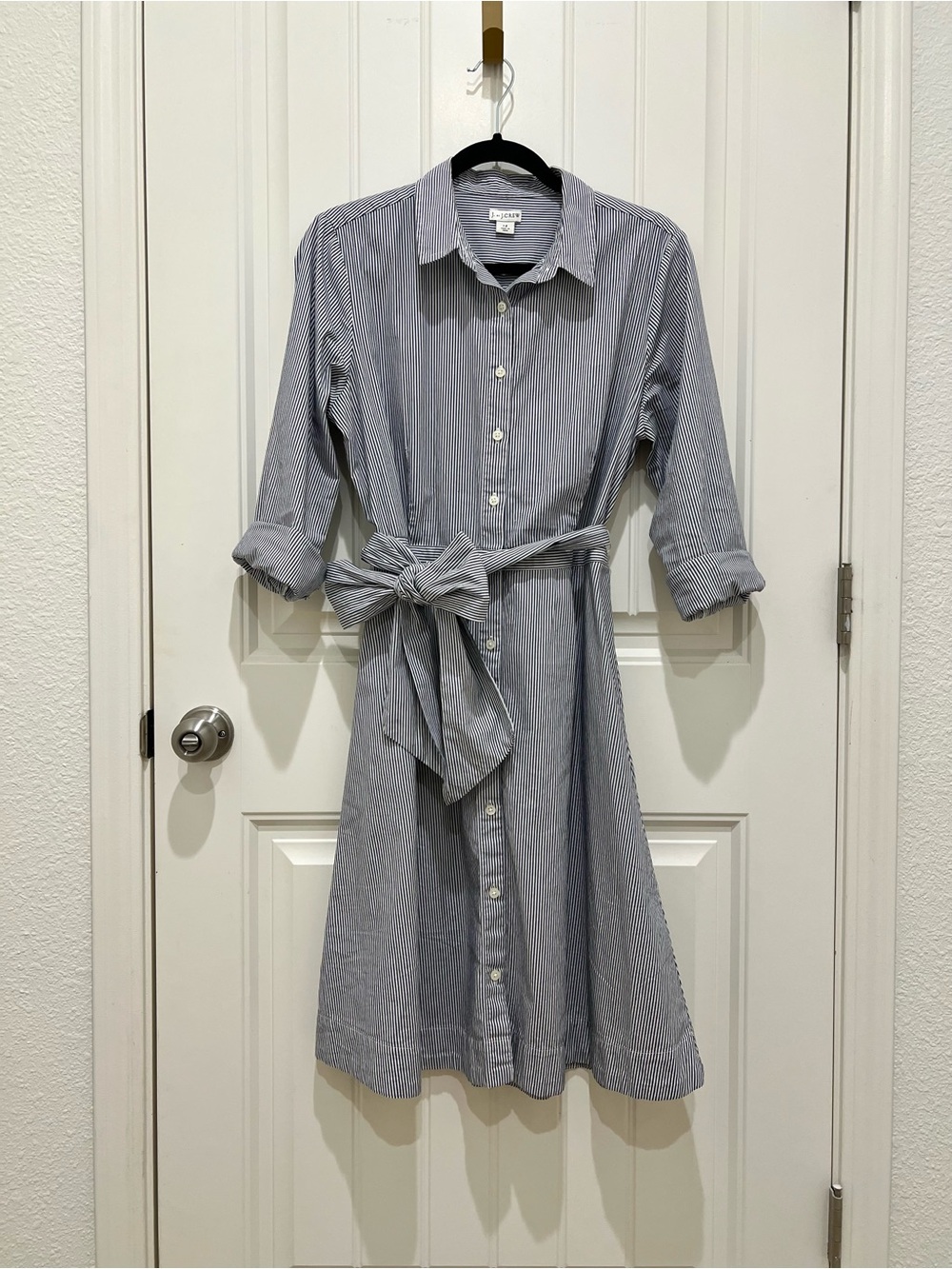 J. Crew Blue and White Pinstripe Shirt Dress with Tie in excellent condition